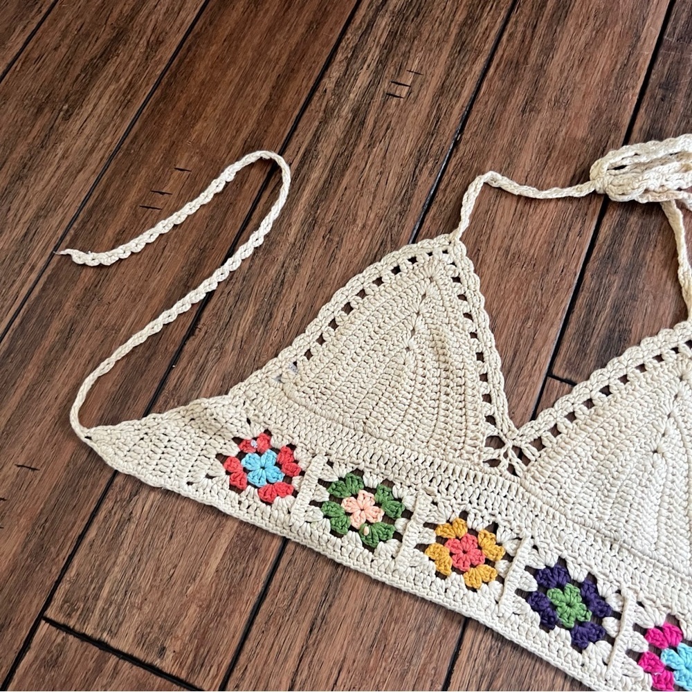 WoWo Crochet Knit Bralette Halter Granny Square Festival Tank Bra Large Top - Picture 3 of 8